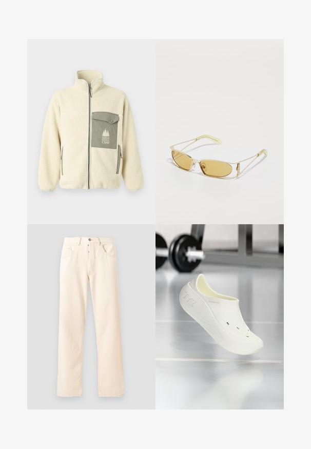 Chaqueta de forro polar en crema con cuello alto, cremallera frontal y un bolsillo en el pecho verde con un logo y cierre a botones.; Camiseta de algodón gris con un pequeño bordado de la cabeza de un zorro naranja sobre el lado izquierdo del pecho. Cuello redondo, mangas cortas y un ajuste clásico.; Jeans de mezclilla beige claro con un diseño de pierna recta, cinco bolsillos y cierre delantero de botón. Costuras visibles a lo largo de las costuras.; Zapato blanco sin cordones con una superficie lisa y texturizada, que presenta dos orificios de ventilación y un diseño curvado. Logo de la marca visible en el costado.; Gafas de sol con tintado amarillo, con un marco dorado translúcido, forma rectangular delgada y brazos angulares con acentos de color verde claro.