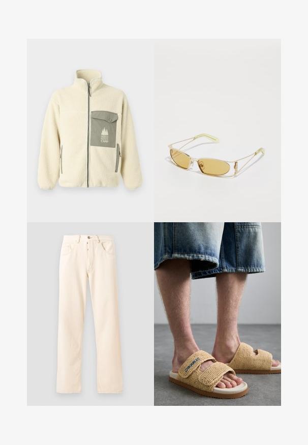 Fleece jack in roomkleur met een hoge kraag, ritssluiting aan de voorkant en een groene borstzak met een logo en knoopsluiting.; Grijze katoenen t-shirt met een kleine borduurmotief van een oranje voskop boven de linkerkant van de borst. Ronde hals, korte mouwen en een klassieke pasvorm.; Lichtbeige denim jeans met een rechte pijp, vijf zakken en een sluiting met een knoop aan de voorkant. Stiksel zichtbaar langs de naden.; Beige geweven sandalen hebben twee verstelbare banden, een textuur oppervlak en een lichtgekleurde zool met een bruine accent.; Geel getinte zonnebril met een doorzichtig gouden montuur, slank rechthoekig ontwerp en hoekige armen met lichtgroene accenten.