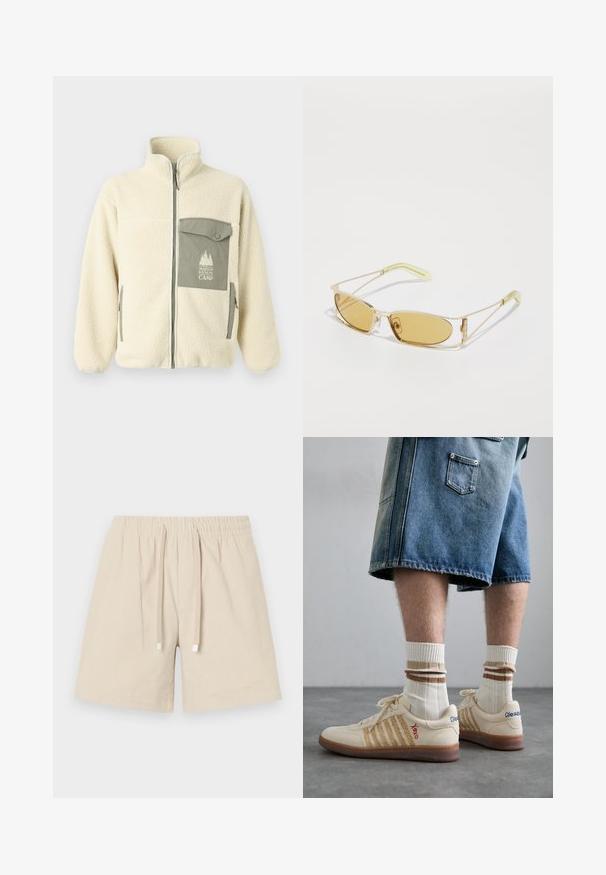 Veste en polaire crème avec un col haut, une fermeture éclair à l'avant et une poche poitrine verte arborant un logo et une fermeture à bouton.; T-shirt en coton gris avec une petite broderie de tête de renard orange au-dessus de la poitrine gauche. Col rond, manches courtes et coupe classique.; Shorts en coton beige avec une taille élastique et un cordon de serrage. Dispose d'un tissu texturé avec une finition lisse et des accents métalliques carrés sur les liens.; Baskets rétro beiges avec une semelle en caoutchouc brun, ornées d'accents rayés et de logos brodés. Portées avec des chaussettes blanches, détails rayés bruns.; Lunettes de soleil teintées de jaune avec une monture dorée translucide, de forme rectangulaire fine et des branches angulaires avec des accents vert clair.