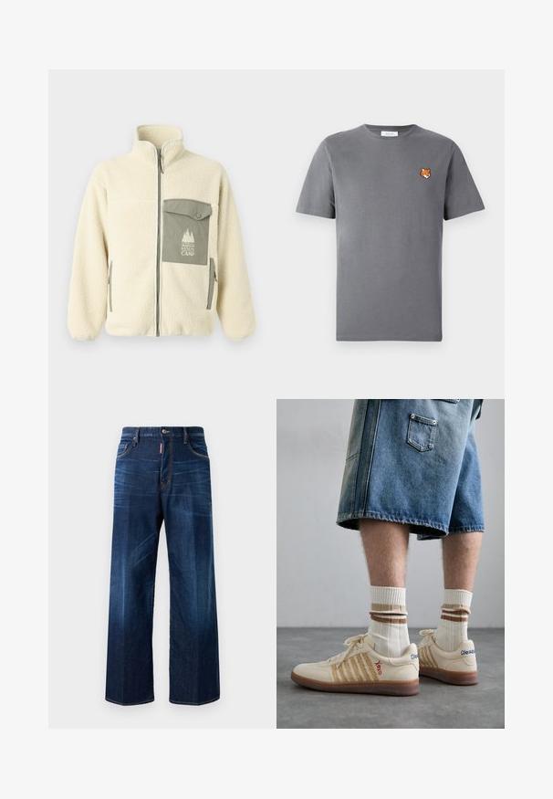 Veste en polaire crème avec un col haut, une fermeture éclair à l'avant et une poche poitrine verte arborant un logo et une fermeture à bouton.; T-shirt en coton gris avec une petite broderie de tête de renard orange au-dessus de la poitrine gauche. Col rond, manches courtes et coupe classique.; Jeans en denim bleu foncé avec une coupe décontractée, des jambes larges et un léger délavage. Présentent des détails cousus et une étiquette de marque sur la taille.; Baskets rétro beiges avec une semelle en caoutchouc brun, ornées d'accents rayés et de logos brodés. Portées avec des chaussettes blanches, détails rayés bruns.