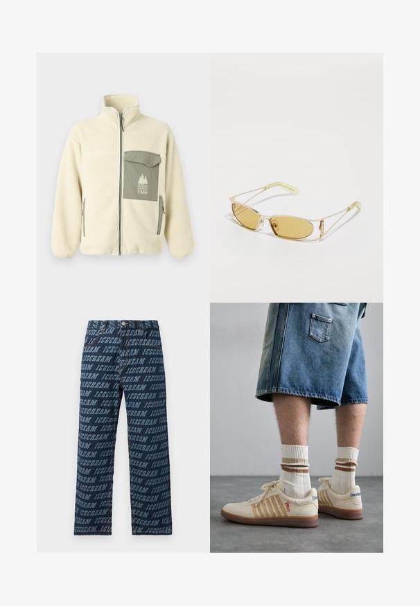 Fleece-Jacke in Creme mit hohem Kragen, Frontreißverschluss und einer grünen Brusttasche mit Logo und Knopfverschluss.; Graues Baumwoll-T-Shirt mit einer kleinen orangefarbenen Fuchs-Kopf-Stickerei über der linken Brust. Rundhalsausschnitt, kurze Ärmel und eine klassische Passform.; Dunkelblaue Jeans aus Denim mit einem rundum wiederholten "ICECREAM"-Textmuster in einem helleren Farbton. Gerade Schnittform mit standardmäßiger Taille.; Beige Retro-Sneaker mit braunem Gummisohle, mit gestreiften Akzenten und gestickten Logos. Getragen mit weißen Socken, gestreiftem braunen Detail.; Gelb getönte Sonnenbrille mit einem durchsichtigen goldenen Rahmen, schlanker rechteckiger Form und eckigen Bügeln mit hellgrünen Akzenten.