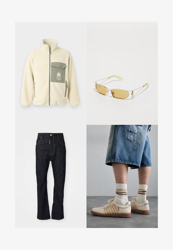 Fleece jacket in cream with a high collar, front zipper, and a green chest pocket featuring a logo and button closure.; Gray cotton t-shirt featuring a small orange fox head embroidery above the left chest. Crew neck, short sleeves, and a classic fit.; Dark blue straight-leg jeans with yellow stitching, front button, zipper fly, and red tag on the right pocket edge.; Beige retro sneakers with brown rubber sole, featuring striped accents and embroidered logos. Worn with white socks, striped brown detail.; Yellow-tinted sunglasses with a translucent gold frame, slim rectangular shape, and angular arms with light green accents.