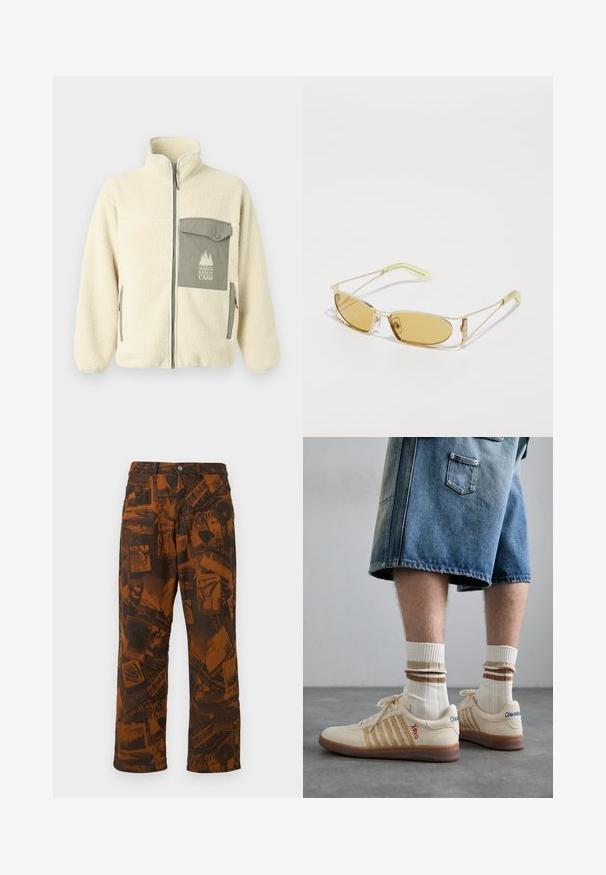 Fleece jack in roomkleur met een hoge kraag, ritssluiting aan de voorkant en een groene borstzak met een logo en knoopsluiting.; Grijze katoenen t-shirt met een kleine borduurmotief van een oranje voskop boven de linkerkant van de borst. Ronde hals, korte mouwen en een klassieke pasvorm.; Bruine gestreepte broek met een collage van donkere ontwerpen, uitlopende pijpen, standaard knoop- en ritssluiting, en vijf-pocket stijl.; Beige retro sneakers met een bruine rubberen zool, met gestreepte accenten en geborduurde logo's. Draag ze met witte sokken met gestreepte bruine details.; Geel getinte zonnebril met een doorzichtig gouden montuur, slank rechthoekig ontwerp en hoekige armen met lichtgroene accenten.