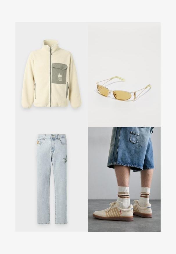Krémová fleecová bunda s vysokým límcem, předním zipem a zelenou náprsní kapsou se znakem a knoflíkovým zapínáním.; Šedé bavlněné tričko s malou výšivkou hlavy oranžového lišáka nad levým hrudníkem. Kulatý výstřih, krátké rukávy a klasický střih.; Světle modré denimové džíny s rovný střih, s zelenou grafickou hvězdou a nápisem "Billion Boys Club" na levém stehně.; Bežové retro tenisky s hnědou gumovou podrážkou, zdobené pruhovanými detaily a vyšitými logy. Nosené s bílými ponožkami, pruhovaný hnědý detail.; Sluneční brýle se žlutým nádechem, s průhledným zlatým rámem, štíhlým obdélníkovým tvarem a úhlovými nohami s světle zelenými akcenty.
