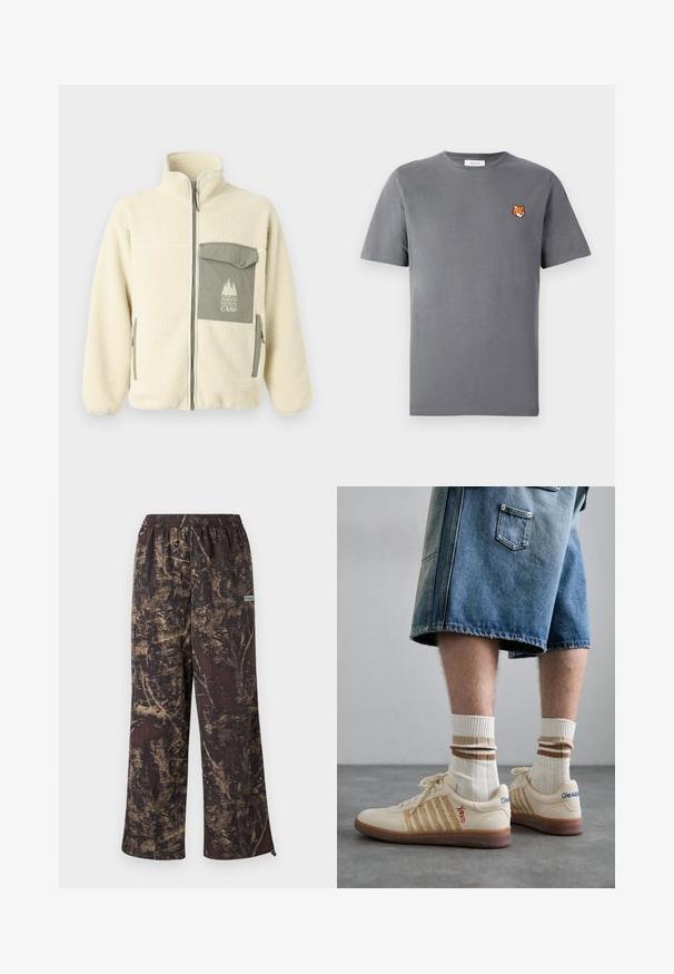 Kreemist fleece-jope kõrge kaelusega, ees tõmblukk ja rohelise rinna taskuga, millel on logo ja nööbikinnitus.; Hallhallane puuvillane t-särk, millel on vasakul rinnal väike oranž rebase pea tikand. Ümar kaelus, lühikesed varrukad ja klassikaline lõige.; Laiad püksid, millel on tumepruun põhja ja kuldse tekstuuriga muster. Paindlik vöökoht ja küljes logo silt.; Beežid retro tennised pruuni kummitaldaga, millel on triibulised aktsendid ja tikitud logod. Kanda valgete sokkidega, triibuline pruuni detailiga.