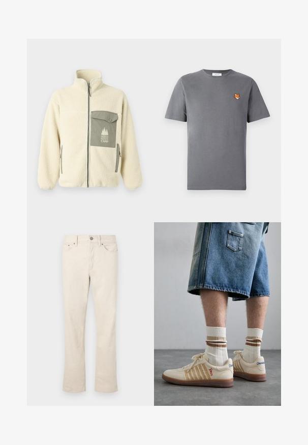 Veste en polaire crème avec un col haut, une fermeture éclair à l'avant et une poche poitrine verte arborant un logo et une fermeture à bouton.; T-shirt en coton gris avec une petite broderie de tête de renard orange au-dessus de la poitrine gauche. Col rond, manches courtes et coupe classique.; Jeans beige en mélange de coton avec une coupe droite. Dotés d'une fermeture à bouton et à glissière à l'avant, de cinq poches et de détails de couture subtils.; Baskets rétro beiges avec une semelle en caoutchouc brun, ornées d'accents rayés et de logos brodés. Portées avec des chaussettes blanches, détails rayés bruns.