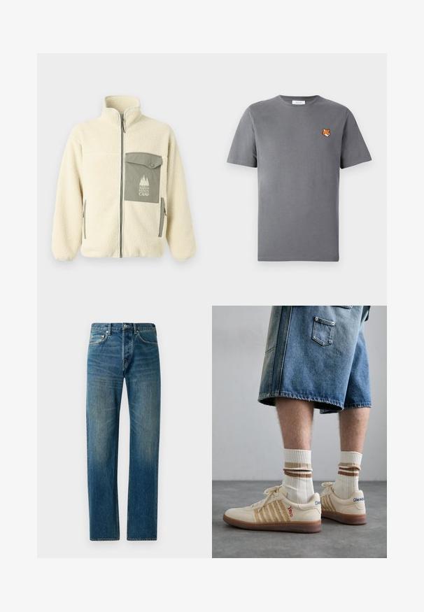 Giacca in pile di colore crema con colletto alto, zip frontale e tasca sul petto verde con logo e chiusura a bottone.; T-shirt grigio in cotone con un piccolo ricamo di testa di volpe arancione sopra il lato sinistro del petto. Collo a giro, maniche corte e vestibilità classica.; Jeans in denim blu con un design a gamba dritta, dotati di uno stile a cinque tasche, sbiadimento sottile e dettagli di cucitura contrastanti.; Sneaker retro beige con suola in gomma marrone, dotate di dettagli a righe e loghi ricamati. Indossate con calze bianche e dettagli marroni a righe.