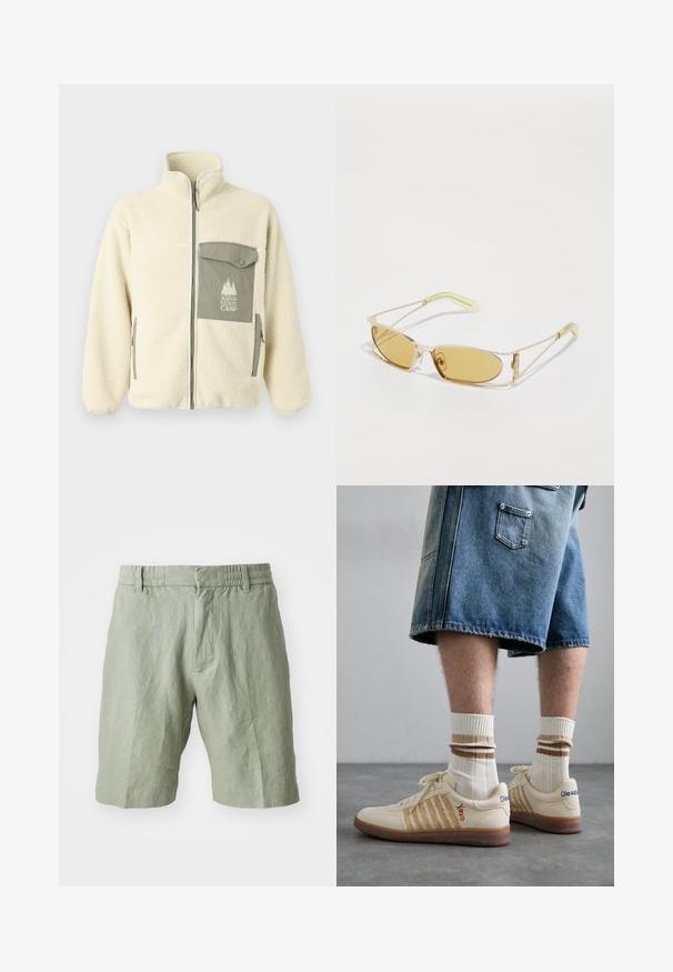 Chaqueta de forro polar en crema con cuello alto, cremallera frontal y un bolsillo en el pecho verde con un logo y cierre a botones.; Camiseta de algodón gris con un pequeño bordado de la cabeza de un zorro naranja sobre el lado izquierdo del pecho. Cuello redondo, mangas cortas y un ajuste clásico.; Pantalones cortos de lino verde claro con un ajuste relajado, cinturilla elástica y dos bolsillos delanteros. Textura suave con un diseño casual.; Zapatillas retro beige con suela de goma marrón, que presentan acentos a rayas y logotipos bordados. Llevadas con calcetines blancos, con detalle a rayas marrones.; Gafas de sol con tintado amarillo, con un marco dorado translúcido, forma rectangular delgada y brazos angulares con acentos de color verde claro.