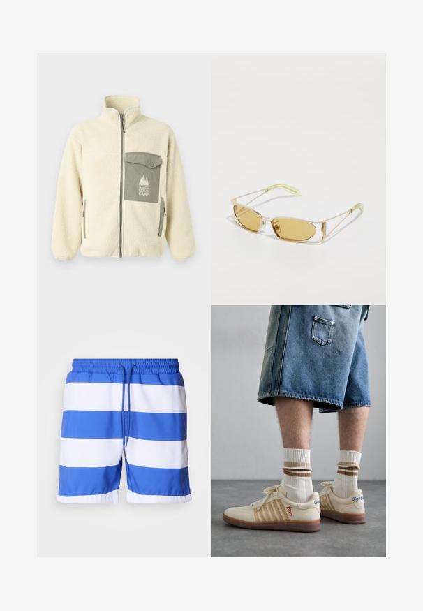 Giacca in pile di colore crema con colletto alto, zip frontale e tasca sul petto verde con logo e chiusura a bottone.; T-shirt grigio in cotone con un piccolo ricamo di testa di volpe arancione sopra il lato sinistro del petto. Collo a giro, maniche corte e vestibilità classica.; Pantaloni da bagno blu e bianchi a righe, realizzati in tessuto leggero, con una vita elastica e un cordoncino regolabile, caratterizzati da una superficie liscia.; Sneaker retro beige con suola in gomma marrone, dotate di dettagli a righe e loghi ricamati. Indossate con calze bianche e dettagli marroni a righe.; Occhiali da sole con tintura gialla, montatura traslucida dorata, forma rettangolare slanciata e aste angolari con dettagli verde chiaro.