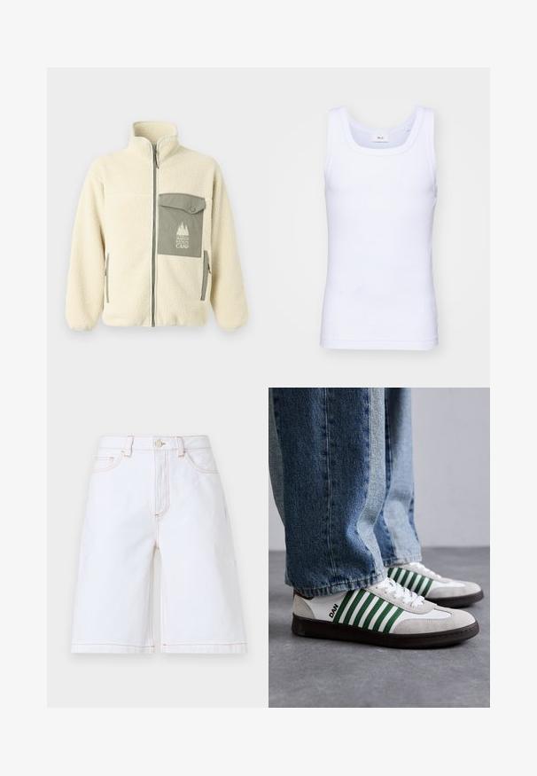 Fleece jacket in cream with a high collar, front zipper, and a green chest pocket featuring a logo and button closure.; White cotton sleeveless tank top with a round neckline, featuring a smooth texture and a fitting shape, designed for casual wear.; White denim shorts featuring a straight cut, five pockets, and contrasting tan stitching. Includes a front button and zipper closure.; White and green sneaker with suede and leather materials, featuring green stripes, white laces, and a rubber sole. Styled with blue jeans.