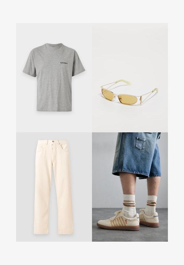 Fleece jack in roomkleur met een hoge kraag, ritssluiting aan de voorkant en een groene borstzak met een logo en knoopsluiting.; Grijze korte mouwen t-shirt van een katoenmix, met een ronde halslijn en zwarte "No Problemo" tekst die op de voorkant is gedrukt.; Lichtbeige denim jeans met een rechte pijp, vijf zakken en een sluiting met een knoop aan de voorkant. Stiksel zichtbaar langs de naden.; Beige retro sneakers met een bruine rubberen zool, met gestreepte accenten en geborduurde logo's. Draag ze met witte sokken met gestreepte bruine details.; Geel getinte zonnebril met een doorzichtig gouden montuur, slank rechthoekig ontwerp en hoekige armen met lichtgroene accenten.