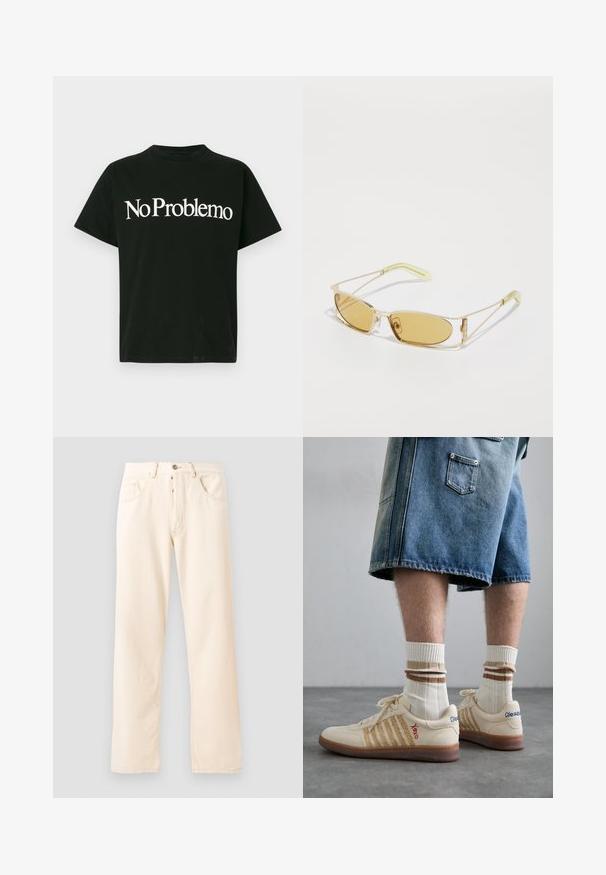 Fleece-Jacke in Creme mit hohem Kragen, Frontreißverschluss und einer grünen Brusttasche mit Logo und Knopfverschluss.; Schwarzes T-Shirt mit kurzen Ärmeln und weißem Text "No Problemo", der zentriert auf der Vorderseite vor einem einfarbigen hellen Hintergrund steht.; Helle beige Denim-Jeans mit geradem Bein, fünf Taschen und einer Knopfverschluss vorne. Nähte sichtbar entlang der Nähte.; Beige Retro-Sneaker mit braunem Gummisohle, mit gestreiften Akzenten und gestickten Logos. Getragen mit weißen Socken, gestreiftem braunen Detail.; Gelb getönte Sonnenbrille mit einem durchsichtigen goldenen Rahmen, schlanker rechteckiger Form und eckigen Bügeln mit hellgrünen Akzenten.