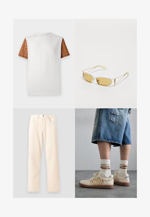 Fleece jakke i creme med høj krave, frontlynlås og en grøn brystlomme, der har et logo og knaplukning.; Kortærmet T-shirt med hvidt kropp og mønstrede brune ærmer, der har et gentaget design i sort. Detaljeret logo på brystet.; Lys beige denim jeans med en lige ben design, fem lommer og en frontlukning med knap. Syninger synlige langs sømmene.; Beige retro sneakers med brun gummisål, der har stribede detaljer og broderede logoer. Bæres med hvide sokker og stribet brun detalje.; Gule solbriller med en gennemsigtig guldramme, slank rektangulær form og vinklede arme med lysegrønne accenter.