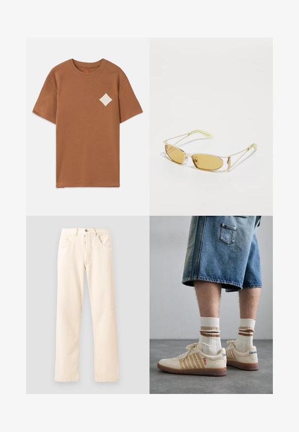 Fleece jacket in cream with a high collar, front zipper, and a green chest pocket featuring a logo and button closure.; Brown cotton t-shirt with short sleeves, a round neckline, and a white diamond logo patch on the left chest.; Light beige denim jeans with a straight-leg design, five pockets, and a front button closure. Stitching visible along seams.; Beige retro sneakers with brown rubber sole, featuring striped accents and embroidered logos. Worn with white socks, striped brown detail.; Yellow-tinted sunglasses with a translucent gold frame, slim rectangular shape, and angular arms with light green accents.