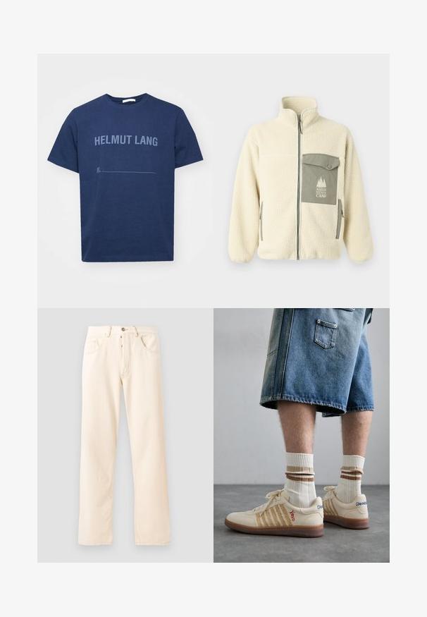 Fleece jacket in cream with a high collar, front zipper, and a green chest pocket featuring a logo and button closure.; Navy blue cotton t-shirt with short sleeves, featuring "HELMUT LANG" printed in lighter blue text and a blank line below.; Light beige denim jeans with a straight-leg design, five pockets, and a front button closure. Stitching visible along seams.; Beige retro sneakers with brown rubber sole, featuring striped accents and embroidered logos. Worn with white socks, striped brown detail.