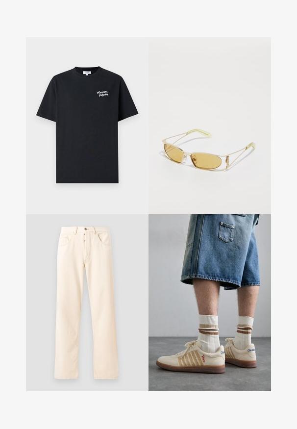 Veste en polaire crème avec un col haut, une fermeture éclair à l'avant et une poche poitrine verte arborant un logo et une fermeture à bouton.; T-shirt en coton noir avec un col rond. Présente un logo de marque écrit à la main en blanc sur la poitrine gauche. Manches courtes, coupe régulière.; Jean en denim beige clair avec un design à jambe droite, cinq poches et une fermeture à bouton à l'avant. Couture visible le long des coutures.; Baskets rétro beiges avec une semelle en caoutchouc brun, ornées d'accents rayés et de logos brodés. Portées avec des chaussettes blanches, détails rayés bruns.; Lunettes de soleil teintées de jaune avec une monture dorée translucide, de forme rectangulaire fine et des branches angulaires avec des accents vert clair.
