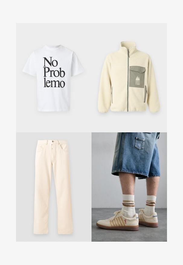 Fleece jacket in cream with a high collar, front zipper, and a green chest pocket featuring a logo and button closure.; White cotton T-shirt featuring black text saying "No Problemo" in varying font sizes. Classic crew neck design with short sleeves.; Light beige denim jeans with a straight-leg design, five pockets, and a front button closure. Stitching visible along seams.; Beige retro sneakers with brown rubber sole, featuring striped accents and embroidered logos. Worn with white socks, striped brown detail.