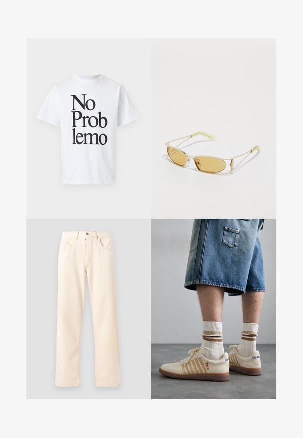 Fleece jacket in cream with a high collar, front zipper, and a green chest pocket featuring a logo and button closure.; White cotton T-shirt featuring black text saying "No Problemo" in varying font sizes. Classic crew neck design with short sleeves.; Light beige denim jeans with a straight-leg design, five pockets, and a front button closure. Stitching visible along seams.; Beige retro sneakers with brown rubber sole, featuring striped accents and embroidered logos. Worn with white socks, striped brown detail.; Yellow-tinted sunglasses with a translucent gold frame, slim rectangular shape, and angular arms with light green accents.