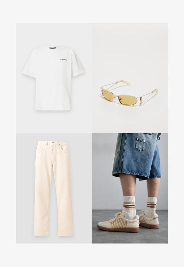Fleece jakke i creme med høj krave, frontlynlås og en grøn brystlomme, der har et logo og knaplukning.; Hvid bomulds t-shirt med korte ærmer, prydet med blå tekst "LAD BENJAMIN!" på venstre brystområde, standard crew neck design.; Lys beige denim jeans med en lige ben design, fem lommer og en frontlukning med knap. Syninger synlige langs sømmene.; Beige retro sneakers med brun gummisål, der har stribede detaljer og broderede logoer. Bæres med hvide sokker og stribet brun detalje.; Gule solbriller med en gennemsigtig guldramme, slank rektangulær form og vinklede arme med lysegrønne accenter.