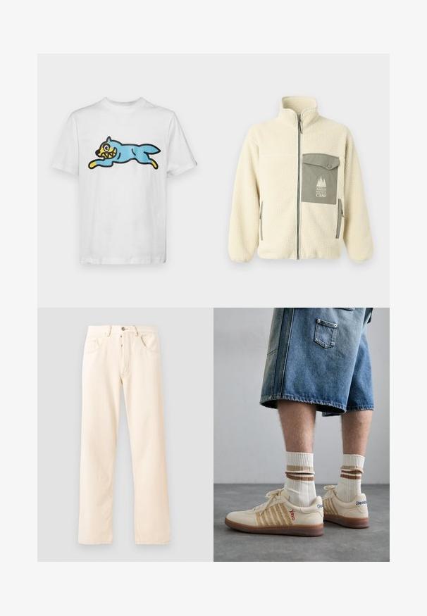 Fleece jakke i creme med høj krave, frontlynlås og en grøn brystlomme, der har et logo og knaplukning.; Hvid bomulds t-shirt med en blå, tegneserieagtig kat med et gult ansigt og skarpe tænder, placeret i en springende stilling.; Lys beige denim jeans med en lige ben design, fem lommer og en frontlukning med knap. Syninger synlige langs sømmene.; Beige retro sneakers med brun gummisål, der har stribede detaljer og broderede logoer. Bæres med hvide sokker og stribet brun detalje.