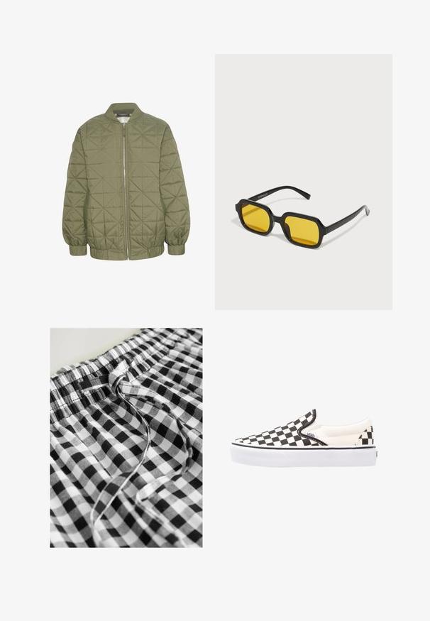 Veste matelassée vert olive avec fermeture éclair à l'avant, col montant et manches élastiquées. Présente un motif géométrique sur le tissu.; Deux t-shirts en coton blanc à manches courtes, à encolure ronde et à coupe ajustée, présentant une texture lisse et un design minimaliste.; Next DROP WAIST - Jupe longue - black white gingham; Chaussures Vans à enfiler en damier noir et blanc avec une tige en toile, une semelle en caoutchouc et un col rembourré. Bout rond plat avec des accents de semelle blancs.; Lunettes de soleil rectangulaires noires avec des verres jaunes. Les caractéristiques incluent des montures épaisses et un design anguleux avec une finition lisse et brillante.; Sac hobo en cuir noir avec une forme décontractée, grande ouverture découpée et deux poches latérales. Texture douce et détail de sangle nouée.