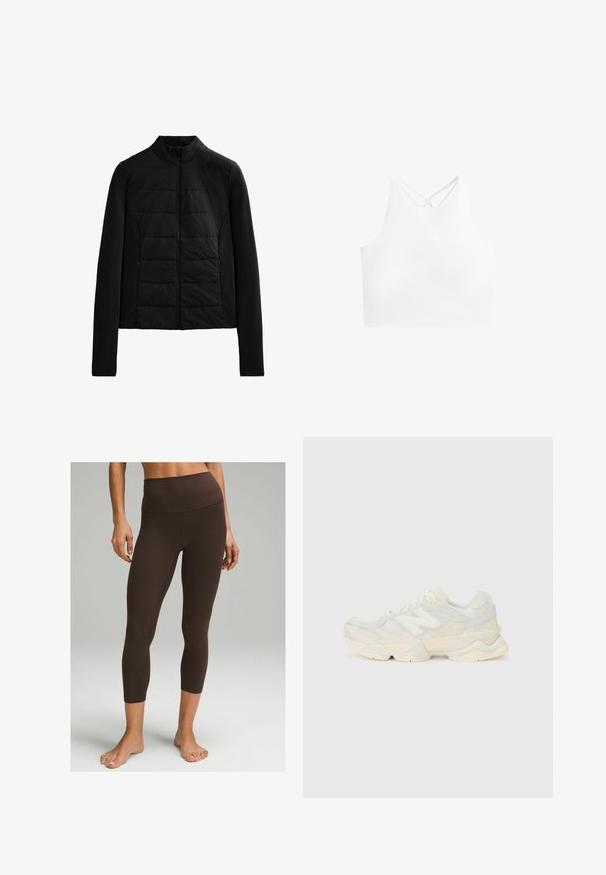 Crna jakna s pikotama, dugih rukava, stojećim ovratnikom i prednjim zatvaračem, dizajnirana za laganu toplinu i elegantno pristajanje.; Bijeli sportski crop top s visokim izrezom i dvostrukim ukriženim trakama na leđima, s glatkom, rastezljivom teksturom tkanine.; lululemon Align™ High-Rise Crop 58" - Tajice - espresso; Lagana tenisica s gornjim dijelom od mrežice i antilopa u blagim krem tonovima, srobustnom potplatom i trodimenzionalnim detaljima.