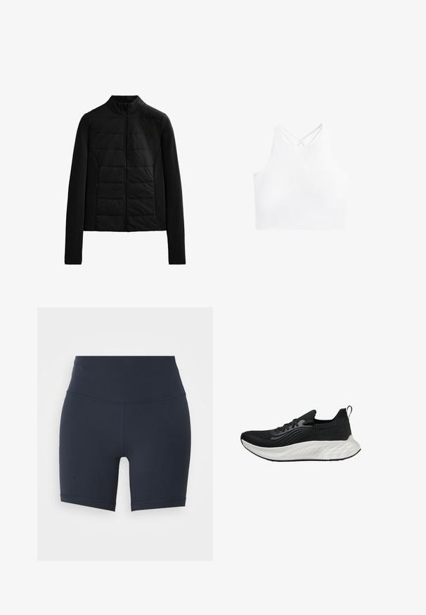 Schwarze gesteppte Jacke mit langen Ärmeln, Stehkragen und vorderem Reißverschluss, entworfen für leichte Wärme und eine schlanke Passform.; Weißes sportliches Crop-Top mit hohem Kragen und doppelten, überkreuzten Trägern auf dem Rücken, das einen glatten, dehnbaren Stoff hat.; Navyblaue, hochgeschnittene Sportshorts aus dehnbarem Material, mit einer glatten Textur und kontrastierenden Nähten entlang der Seiten.; Schwarzer Sportschuh mit einer strukturierten Oberseite, einer weißen gepolsterten Sohle und dezentem Branding. Verfügt über eine Zuglasche und eine Schnürverschluss.