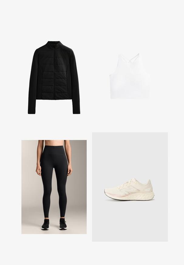 Čierna prešívaná bunda s dlhými rukávmi, stojacím golierom a predným zipsom, navrhnutá pre ľahké teplo a elegantný strih.; Biely športový crop top s vysokým výstrihom a dvojitými krížovými ramienkami na chrbte, vyrobený z hladkej, elastickej textílie.; Vysoké čierne legíny vyrobené z elastického materiálu, s hladkým povrchom, šitými detailami a priliehavým strihom.; Svetlo béžová bežecká obuv s textúrovaným sieťovým zvrškom, ružová akcentačná línia, polstrovaná podrážka a odrazová strieborná logová detail na boku.