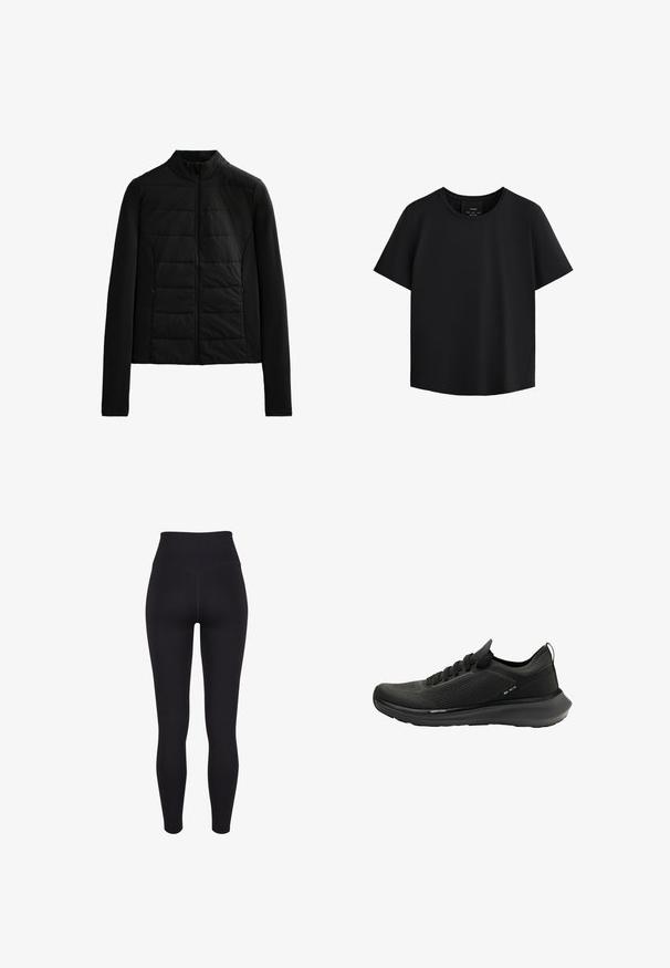 Black quilted jacket with long sleeves, stand collar, and front zipper closure, designed for lightweight warmth and sleek fit.; Black short-sleeve top with a round neckline, crafted from smooth fabric, featuring a straight cut and subtle side seams for shaping.; Black ribbed leggings with a high waistband, featuring a seamless design, slim fit, and smooth texture. Suitable for active wear.; Black athletic shoe featuring a textured mesh upper, curved sole, and minimalistic design with lace-up closure and subtle branding.