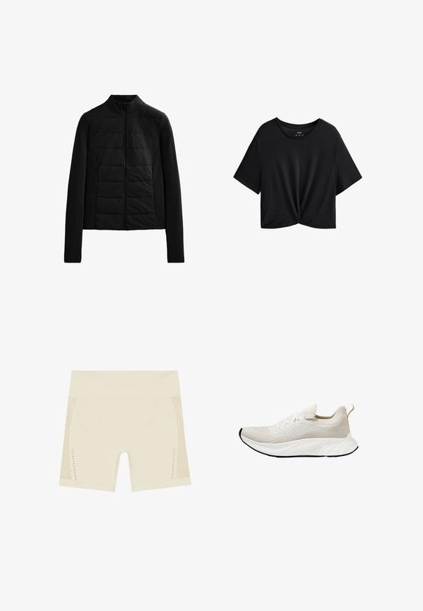 Schwarze gesteppte Jacke mit langen Ärmeln, Stehkragen und vorderem Reißverschluss, entworfen für leichte Wärme und eine schlanke Passform.; Schwarzes, kurz geschnittenes T-Shirt aus weichem Stoff, mit rundem Halsausschnitt, kurzen Ärmeln und einem geknoteten Frontdetail am Saum.; Hoch geschnittene Radsport-Shorts in hellem Beige. Aus glattem Stoff mit seitlichen Netzpaneelen, die kleine Aussparungen für Atmungsaktivität aufweisen.; Wolkenweißer Sportschuh mit strukturiertem Strick-Obermaterial und flexibler Sohle, ausgestattet mit dekorativen Schnürsenkeln und einer Zuglasche an der Rückseite.
