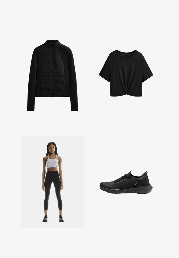Schwarze gesteppte Jacke mit langen Ärmeln, Stehkragen und vorderem Reißverschluss, entworfen für leichte Wärme und eine schlanke Passform.; Schwarzes, kurz geschnittenes T-Shirt aus weichem Stoff, mit rundem Halsausschnitt, kurzen Ärmeln und einem geknoteten Frontdetail am Saum.; Weißer Sport-BH mit verstellbaren Trägern kombiniert mit hochgeschnittenen schwarzen Leggings. Das Model steht in schwarzen Sportschuhen. Einfaches, funktionales Design.; Schwarzer Sportschuh mit strukturiertem Mesh-Obermaterial, gebogener Sohle und minimalistischem Design mit Schnürverschluss und dezentem Branding.