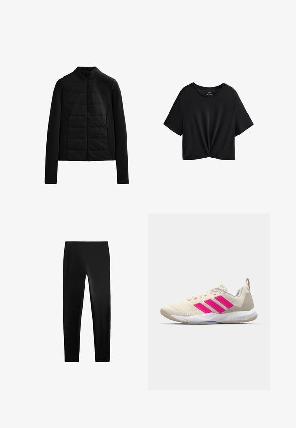 Giacca nera trapuntata con maniche lunghe, colletto rialzato e chiusura con zip frontale, progettata per un calore leggero e una vestibilità elegante.; T-shirt cropped nera realizzata in tessuto morbido, con scollo rotondo, maniche corte e dettaglio annodato sul fondo.; Leggings neri in tessuto elastico, con una vita alta, design aderente e superficie liscia, senza motivi o accenti visibili.; Scarpa sportiva beige con logo a tre strisce rosa, tomaia in rete testurizzata, collo imbottito e suola in gomma bianca, con il marchio "LIGHTSTRIKE".