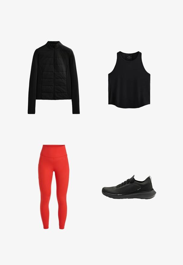 Giacca nera trapuntata con maniche lunghe, colletto rialzato e chiusura con zip frontale, progettata per un calore leggero e una vestibilità elegante.; Top senza maniche nero realizzato in tessuto liscio, caratterizzato da un collo arrotondato, taglio dritto e pannelli laterali con una leggera trama.; Leggings rossi a vita alta con una texture liscia, dotati di una tasca laterale e di un piccolo logo sopra l'elastico in vita. Design aderente.; Scarpa atletica nera con tomaia in mesh testurizzato, suola curva e design minimalista con chiusura con lacci e marchio discreto.
