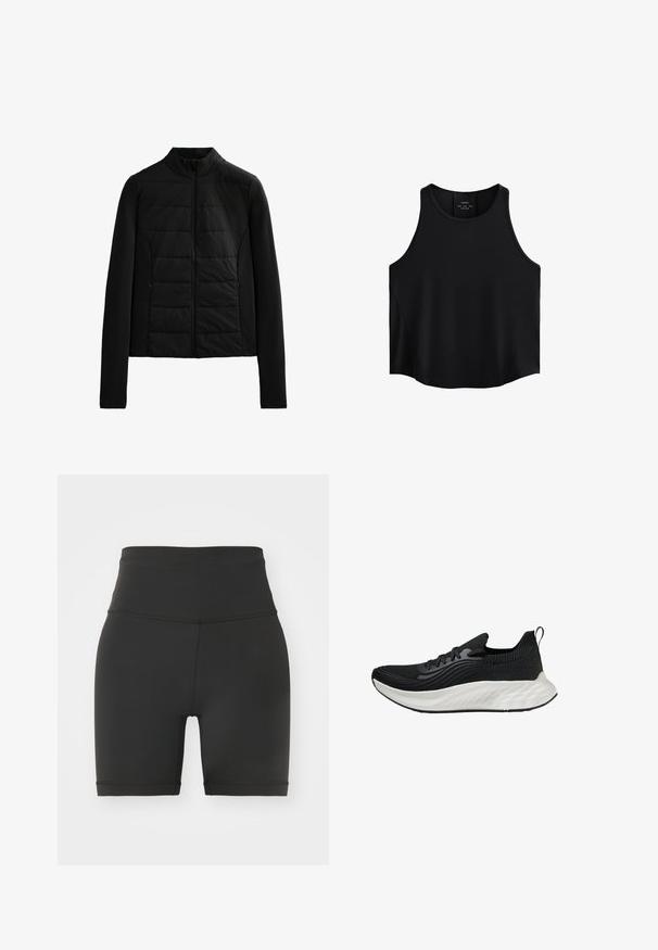 Černá prošívaná bunda s dlouhými rukávy, stojáčkem a předním zipem, navržená pro lehké teplo a týmový střih.; Černý bezrukávový top vyrobený z hladké látky, s kulatým výstřihem, rovného střihu a postranními panely s jemnou texturou.; Černé cyklistické kraťasy s vysokým pasem vyrobené z elastického materiálu, s hladkou strukturou, přiléhavým střihem a obšitými okraji. Žádné viditelné vzory nebo akcenty.; Černá sportovní bota s texturovaným svrškem, bílou polstrovanou podrážkou a diskrétním brandingem. Obsahuje poutko a šněrování.