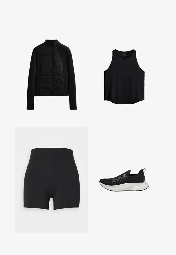 Giacca nera trapuntata con maniche lunghe, colletto rialzato e chiusura con zip frontale, progettata per un calore leggero e una vestibilità elegante.; Top senza maniche nero realizzato in tessuto liscio, caratterizzato da un collo arrotondato, taglio dritto e pannelli laterali con una leggera trama.; Shorts sportivi neri con un alto elastico in vita, realizzati in tessuto liscio e stretch. Presentano un design aderente e dettagli di cucitura minimi.; Scarpe sportive nere con tomaia testurizzata, suola bianca ammortizzata e branding discreto. Presentano un'utilità per il tallone e chiusura con lacci.