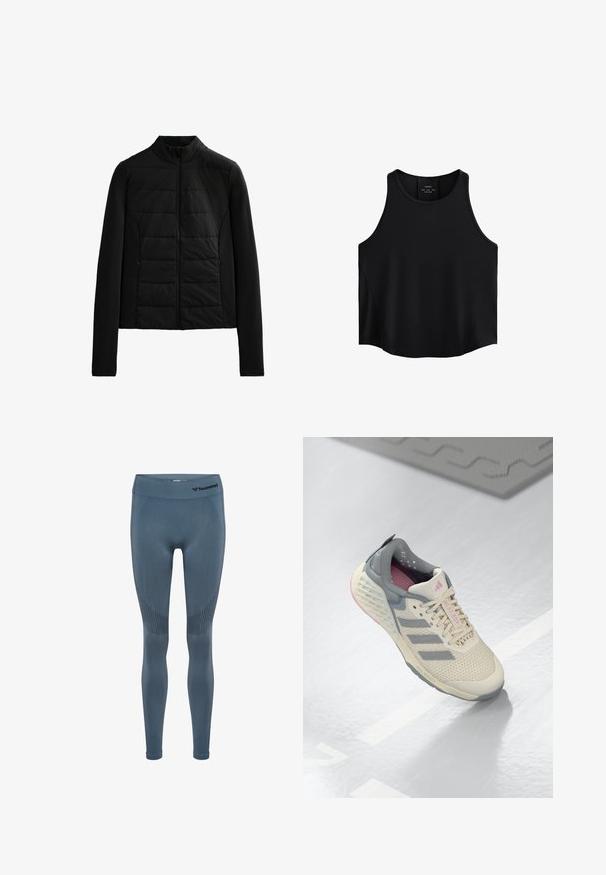 Schwarze gesteppte Jacke mit langen Ärmeln, Stehkragen und vorderem Reißverschluss, entworfen für leichte Wärme und eine schlanke Passform.; Schwarzes ärmelloses Top aus glattem Stoff, mit einem runden Ausschnitt, geradem Schnitt und seitlichen Einsätzen mit einer subtilen Textur.; Hochtaillierte, dehnbare Leggings in einem dunkelblauen Farbton. Mit strukturierten Einsätzen und einem elastischen Taillenbund, mit Branding an der Taille.; Beige Sportschuh mit grauen Akzenten, mesh-obermaterial und einer strukturierten Sohle. Verfügt über drei graue Streifen und pinke Innendetails.