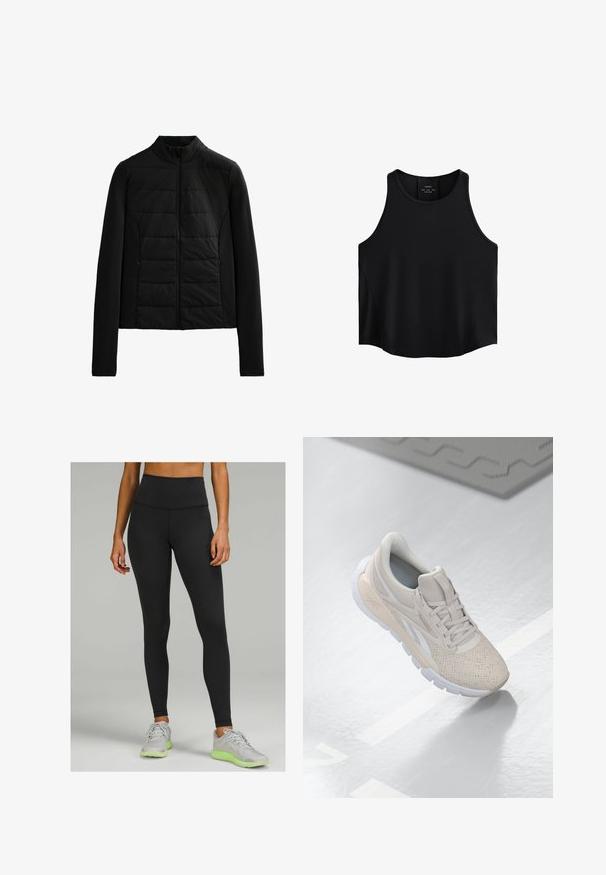Czarna pikowana kurtka z długimi rękawami, stojącym kołnierzem i zamkiem błyskawicznym z przodu, zaprojektowana z myślą o lekkim cieple i dopasowanym kroju.; Czarny bezrękawnik z gładkiego materiału, z okrągłym dekoltem, prostym krojem oraz bocznymi panelami o subtelnej teksturze.; Czarne legginsy o wysokim stanie wykonane z elastycznego materiału, z gładką teksturą i dopasowanym krojem. W połączeniu z jasnoszarymi butami sportowymi.; Jasno beżowy but sportowy z perforowanym cholewką, teksturowanymi akcentami, wyściełanym kołnierzem i białą gumową podeszwą, zaprojektowany z myślą o komforcie i wentylacji.