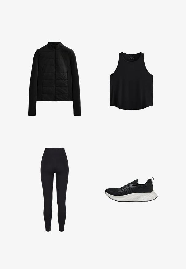Black quilted jacket with long sleeves, stand collar, and front zipper closure, designed for lightweight warmth and sleek fit.; Black sleeveless top made of smooth fabric, featuring a rounded neckline, straight cut, and side panels with a subtle texture.; Black ribbed leggings with a high waistband, featuring a seamless design, slim fit, and smooth texture. Suitable for active wear.; Black athletic shoe with a textured upper, a white cushioned sole, and subtle branding. Features a pull tab and lace-up closure.