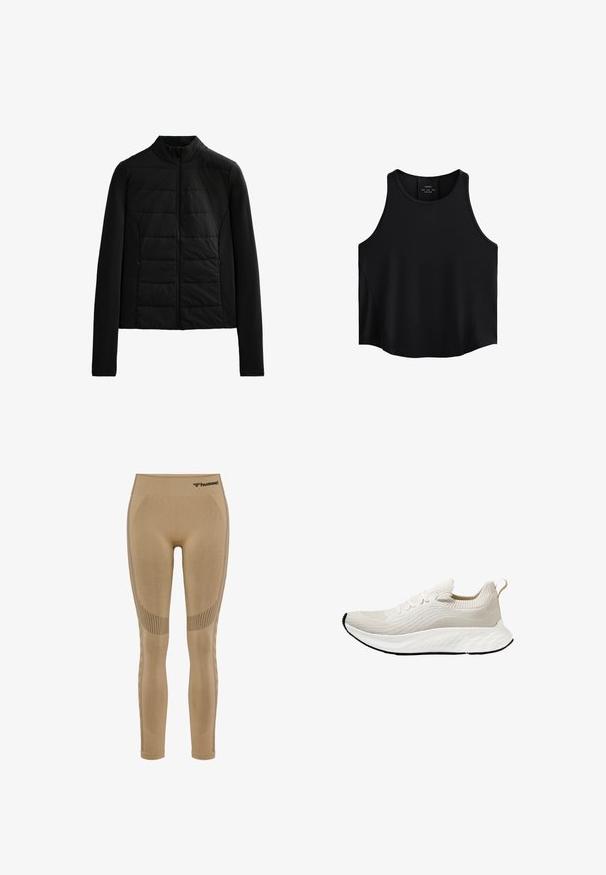 Zwarte gewatteerde jas met lange mouwen, staande kraag en ritssluiting aan de voorkant, ontworpen voor lichte warmte en een slanke pasvorm.; Zwarte mouwloze top van gladde stof, met een ronde halslijn, rechte snit en zijpanelen met een subtiele textuur.; Beige sportleggings met een hoge tailleband, voorzien van textuurpanelen en een logo bovenaan. Gemaakt van rekbaar materiaal voor comfort.; Witte sportieve schoen met een gestructureerde gebreide bovenkant en flexibele zool, met decoratieve veters en een pulltab aan de achterkant.