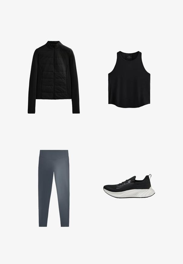 Čierna prešívaná bunda s dlhými rukávmi, stojacím golierom a predným zipsom, navrhnutá pre ľahké teplo a elegantný strih.; Čierny bezrukávový top vyrobený z hladkej látky, s okrúhlym výstrihom, priamym strihom a bočnými panelmi s jemnou textúrou.; Tmavohnedé legíny s hladkým povrchom, vysokým pásom a dvoma bočnými vreckami. Vyznačujú sa minimálnym šitím a zúženým strihom nohavíc.; Čierna športová obuv s textúrovaným zvrškom, bielou polstrovanou podrážkou a nenápadným brandingom. Obsahuje pútko a šnurovanie.