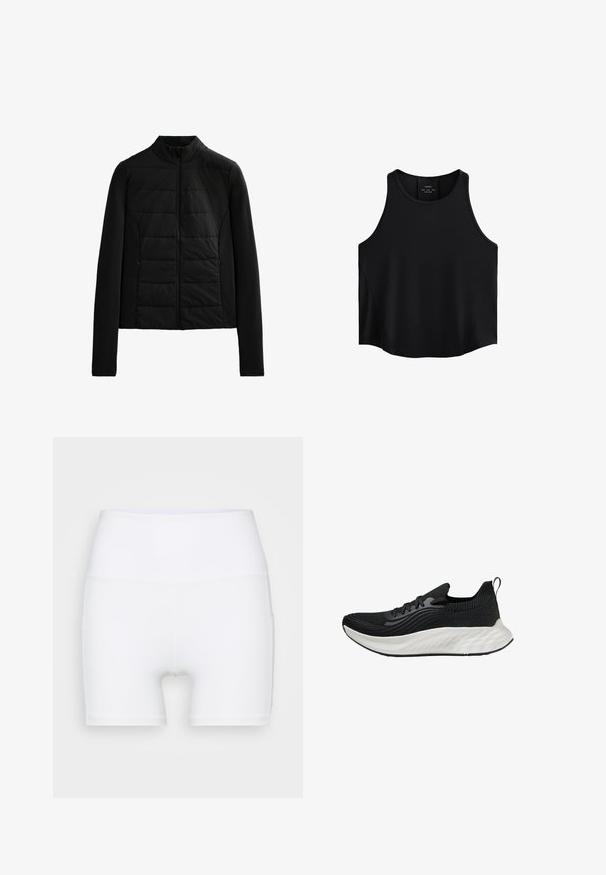 Svart vadderad jacka med långa ärmar, ståkrage och frontdragkedja, designad för lätt värme och en slimmad passform.; Svart ärmlös topp i ett glatt tyg, med en rundad halsringning, rak skärning och sidopaneler med en subtil struktur.; Vita högmidjade shorts i stretchtyg. Har en jämn yta och en åtsittande design, utan ytterligare mönster eller detaljer.; Svart atletisk sko med en texturerad ovandel, en vit vadderad sula och subtil märkeslogotype. Har en dragflik och snörning.