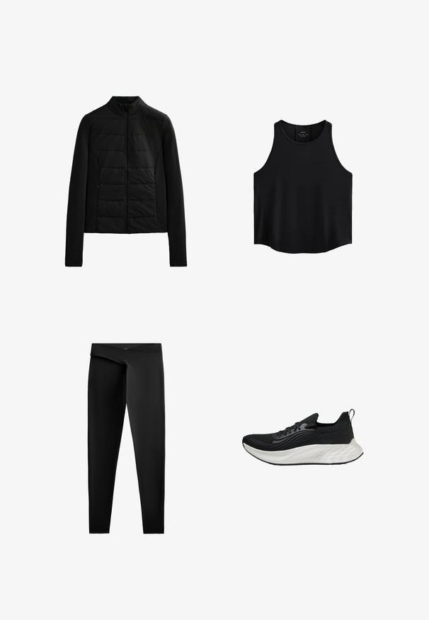 Fekete steppelt dzseki hosszú ujjakkal, álló gallérral és elől zippzárral, amely a könnyű melegséget és a karcsú illeszkedést szolgálja.; Fekete ujjatlan felső sima anyagból, lekerekített nyakkivágással, egyenes szabással és oldalsó panelekben diszkrét textúrával.; Fekete leggings sima, rugalmas anyagból. Magas derékkal és testhezálló sziluettel rendelkezik, egyenes vágással a bokákra.; Fekete sportcipő texturált felsőrésszel, fehér párnázott talppal és diszkrét logóval. Húzófül és fűzős záródás jellemzi.
