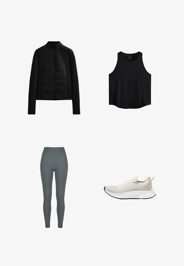Czarna pikowana kurtka z długimi rękawami, stojącym kołnierzem i zamkiem błyskawicznym z przodu, zaprojektowana z myślą o lekkim cieple i dopasowanym kroju.; Czarny bezrękawnik z gładkiego materiału, z okrągłym dekoltem, prostym krojem oraz bocznymi panelami o subtelnej teksturze.; Prążkowane legginsy w ciemnoszarym kolorze, z wysokim stanem, elastycznym materiałem i dopasowanym krojem. Brak widocznych logo lub wzorów.; Białe buty sportowe z chmurkowym wykończeniem, posiadające teksturowaną cholewkę z dzianiny i elastyczną podeszwę, z ozdobnymi sznurówkami i pętelką z tyłu.