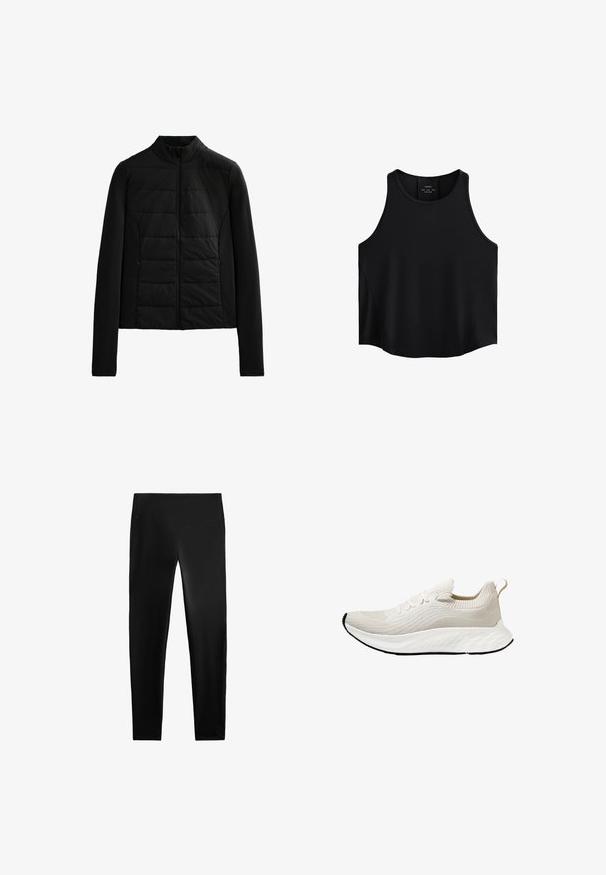 Black quilted jacket with long sleeves, stand collar, and front zipper closure, designed for lightweight warmth and sleek fit.; Black sleeveless top made of smooth fabric, featuring a rounded neckline, straight cut, and side panels with a subtle texture.; Black leggings made of stretchy fabric, featuring a high waistband, fitted design, and smooth texture, with no visible patterns or accents.; Cloud white athletic shoe with a textured knit upper and flexible sole, featuring decorative laces and a pull tab at the back.
