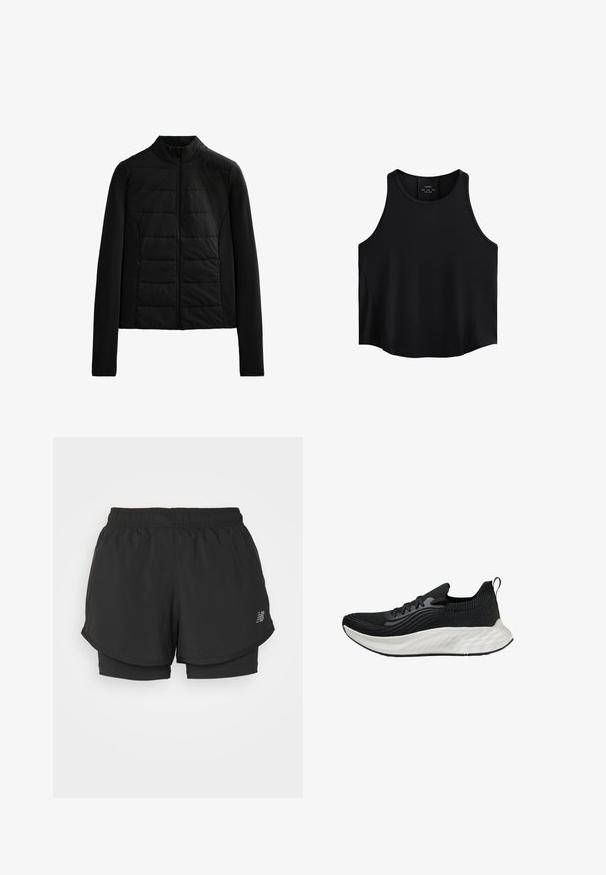 Black quilted jacket with long sleeves, stand collar, and front zipper closure, designed for lightweight warmth and sleek fit.; Black sleeveless top made of smooth fabric, featuring a rounded neckline, straight cut, and side panels with a subtle texture.; Black athletic shorts with an elastic waistband, featuring a layered design and an inner liner. The fabric appears lightweight and smooth.; Black athletic shoe with a textured upper, a white cushioned sole, and subtle branding. Features a pull tab and lace-up closure.