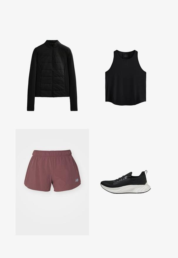 Fekete steppelt dzseki hosszú ujjakkal, álló gallérral és elől zippzárral, amely a könnyű melegséget és a karcsú illeszkedést szolgálja.; Fekete ujjatlan felső sima anyagból, lekerekített nyakkivágással, egyenes szabással és oldalsó panelekben diszkrét textúrával.; New Balance SHORT - Sport rövidnadrágok - licorice; Fekete sportcipő texturált felsőrésszel, fehér párnázott talppal és diszkrét logóval. Húzófül és fűzős záródás jellemzi.