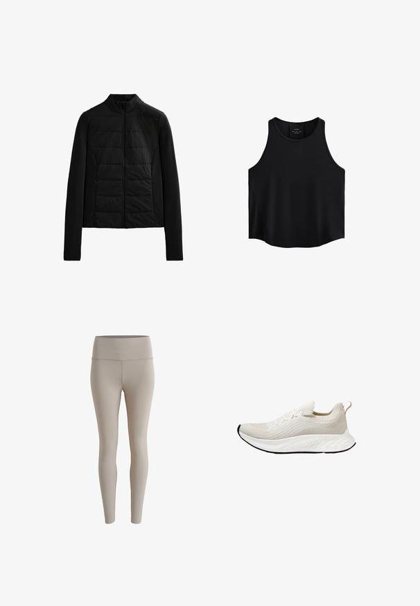 Crna jakna s pikotama, dugih rukava, stojećim ovratnikom i prednjim zatvaračem, dizajnirana za laganu toplinu i elegantno pristajanje.; Crna bezrukavna majica od glatkog materijala, s okruglim dekolteom, ravnim krojem i bočnim panelima s suptilnom teksturom.; Bež tajice od rastezljivog materijala, s visokim strukom i glatkom teksturom, bez vidljivih uzoraka ili metalnih detalja.; Atletska cipela u boji oblaka s teksturiranim gornjim dijelom od pletenog materijala i fleksibilnom potplatom, koja ima ukrasne vezice i trakicu za povlačenje straga.