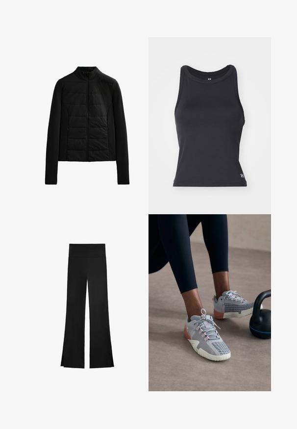 Černá prošívaná bunda s dlouhými rukávy, stojáčkem a předním zipem, navržená pro lehké teplo a týmový střih.; Černý bezrukávový sportovní tílko s kulatým výstřihem, vyrobené z hladkého, elastického materiálu. Obsahuje malé logo v pravém dolním rohu.; Černé kalhoty s širokým střihem, mají vysoký pas a boční rozparky pro snadný pohyb. Vyrobené z hladké, pružné tkaniny.; Šedé sportovní boty s růžovými akcenty, texturované síťované svršky, šněrovací design a bílá gumová podrážka, kombinované s černými legínami a kettlebellem.