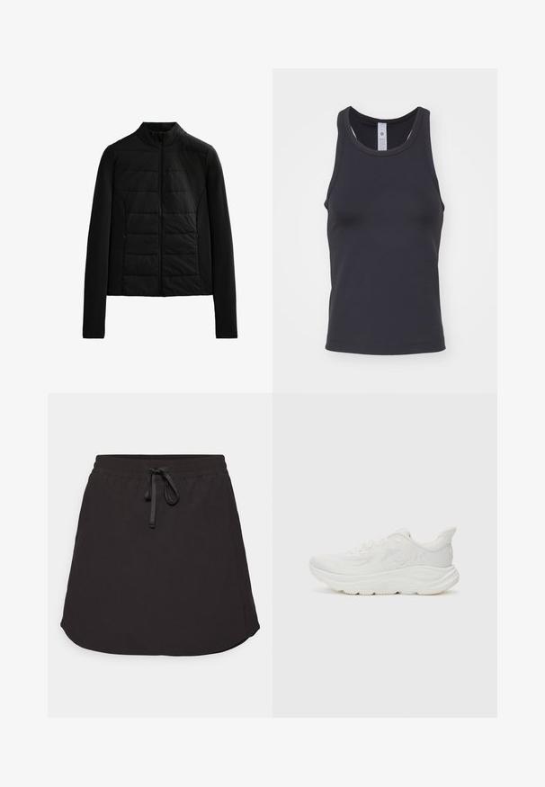 Čierna prešívaná bunda s dlhými rukávmi, stojacím golierom a predným zipsom, navrhnutá pre ľahké teplo a elegantný strih.; Čierny tielko vyrobené z mäkkej, elastickej tkaniny. Má zaoblený výstrih a široké ramenné popruhy, navrhnuté pre tesný strih.; Čierna športová sukňa s elastickým pásom, nastaviteľnou šnúrkou a zakriveným lemom. Vyrobená z ľahkého a hladkého materiálu.; Biele bežecké topánky s textúrovaným sieťovinovým zvrškom, polstrovaným golierom, hrubou medzipodrážkou a gumovou podrážkou. Obsahuje detail loga na boku.