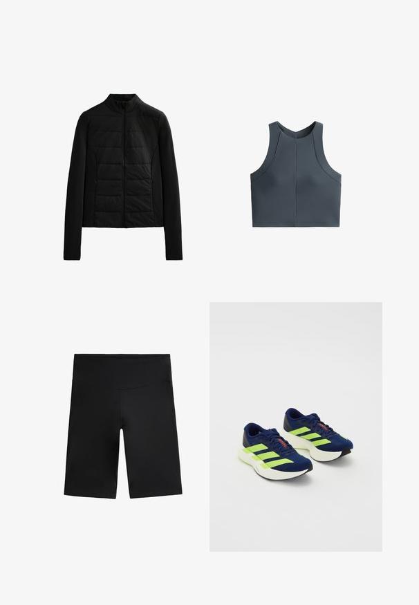 Jachetă neagră matlasată, cu mâneci lungi, guler în picioare și închidere cu fermoar frontal, concepută pentru o căldură ușoară și o croială elegantă.; Top scurt gri cu textură canelată, fără mâneci, și decolteu rotunjit, având accente de cusătură pentru un fit structurat.; Shorts negri din material elastic. Au talie înaltă, textură netedă și un design până la genunchi, fără cusături sau modele vizibile.; Pantofi de alergare bleu marin cu dungi neon verzi, suprafață texturată, talpă albă cu amortizare, design cu sireturi și accent roșu pe limbă.